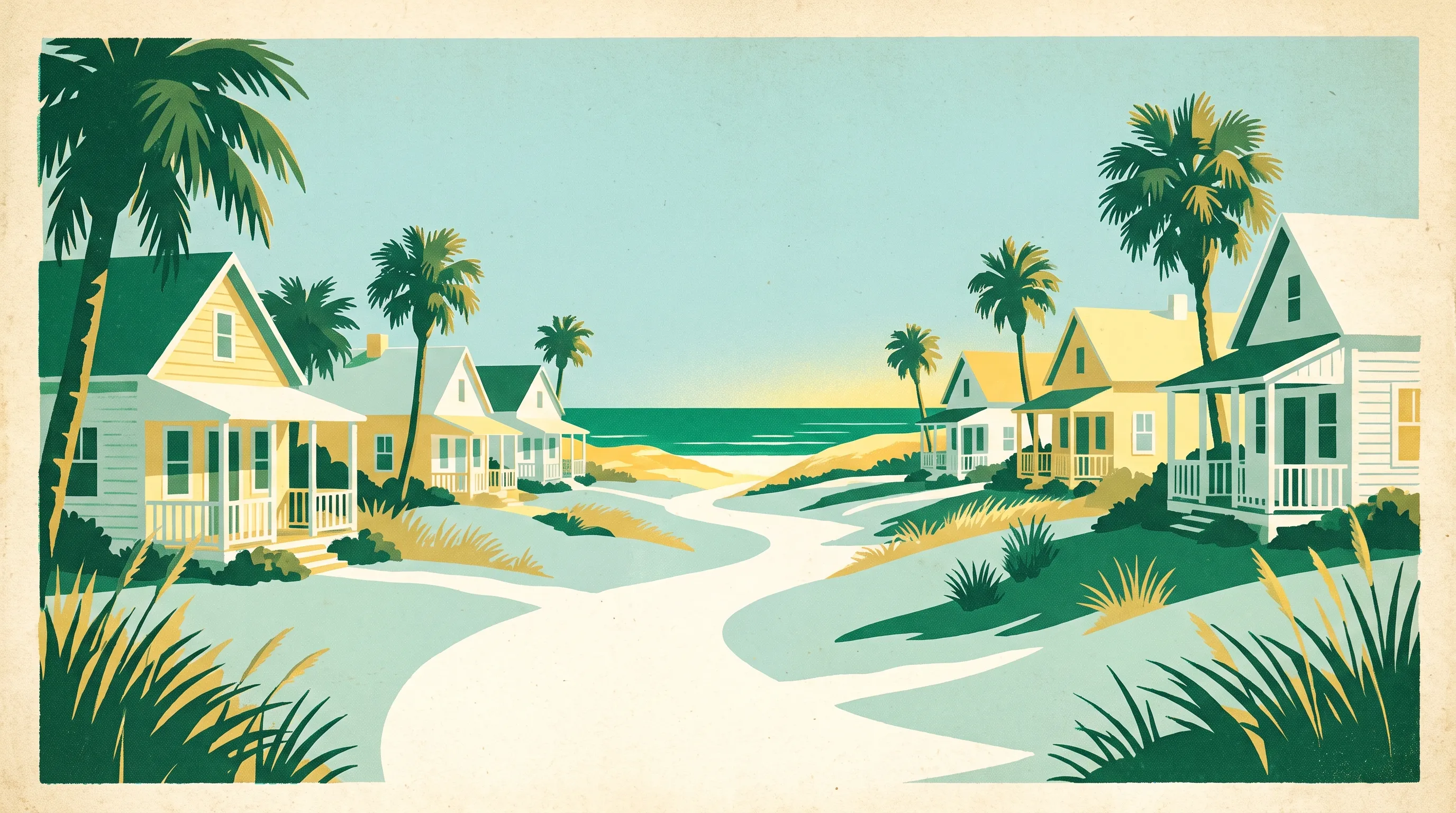 Vintage destination illustration of Blue Mountain Beach, Florida, not a photograph of the rental