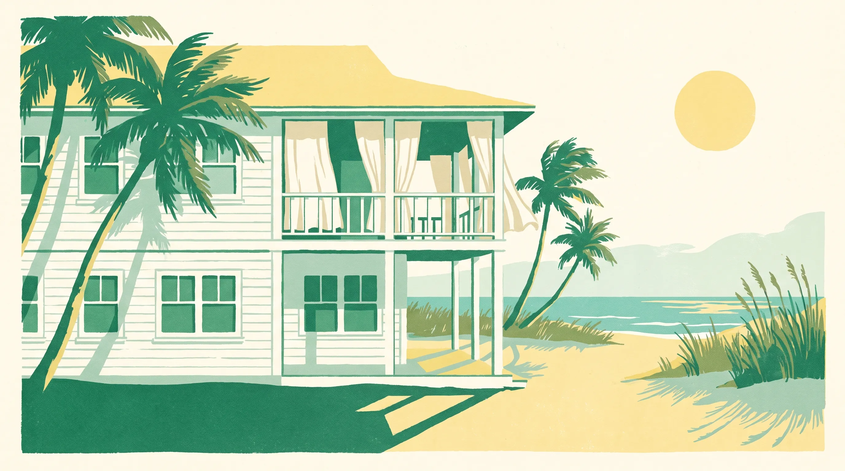 Vintage destination illustration of Miramar Beach, Florida, not a photograph of the rental